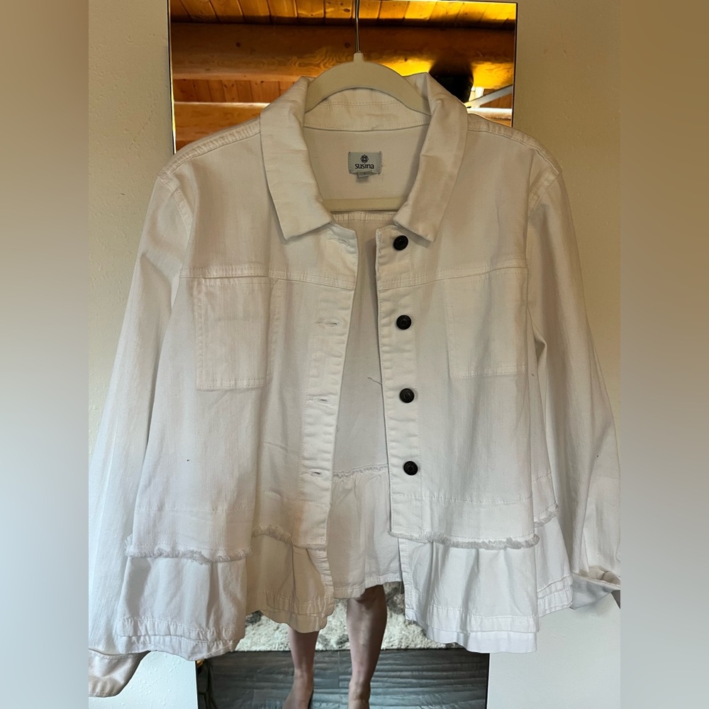 White denim jacket with ruffles